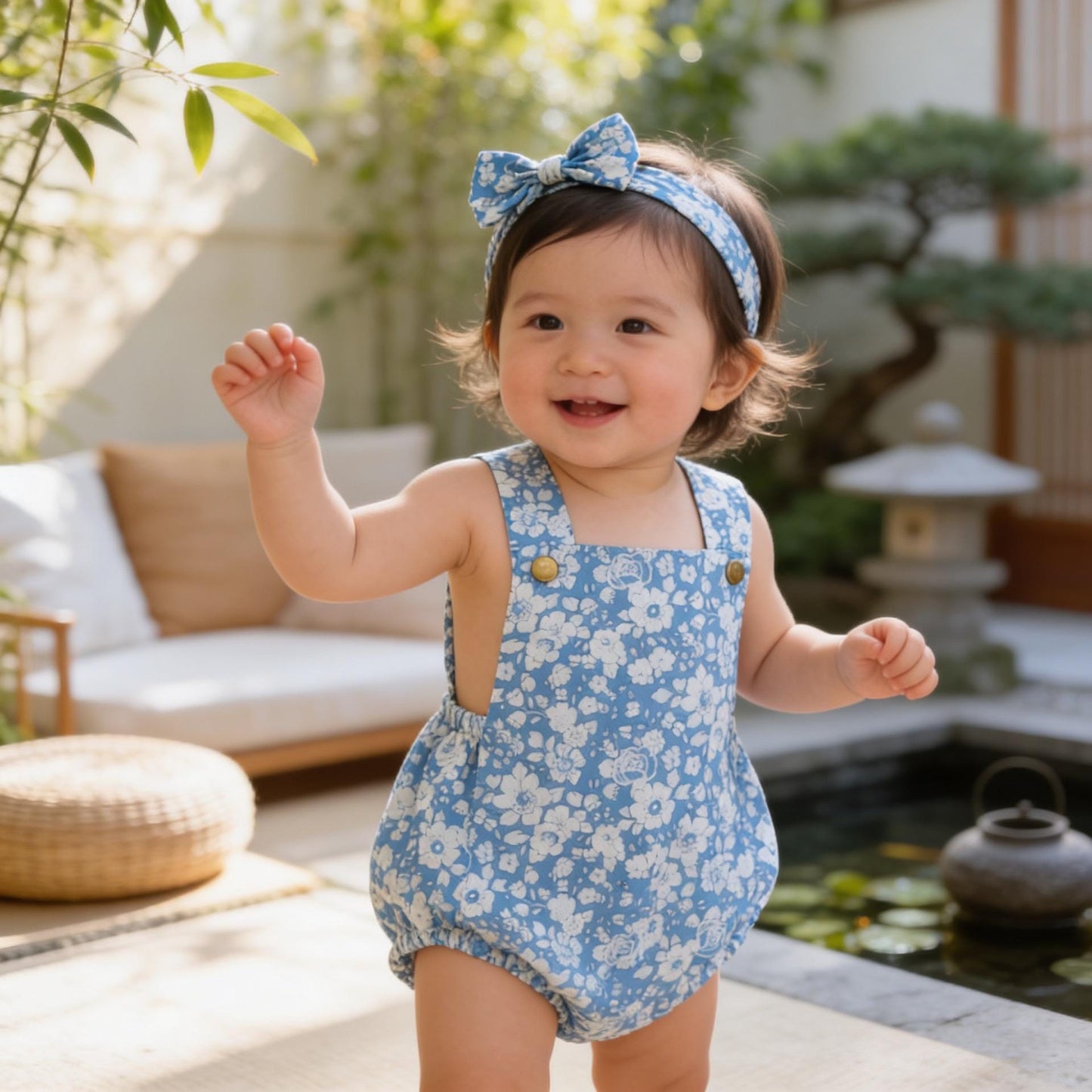 Liberty London Blue Floral Print Bubble Romper, Handmade Ditsy Cotton Tana Lawn Suspender Sunsuit