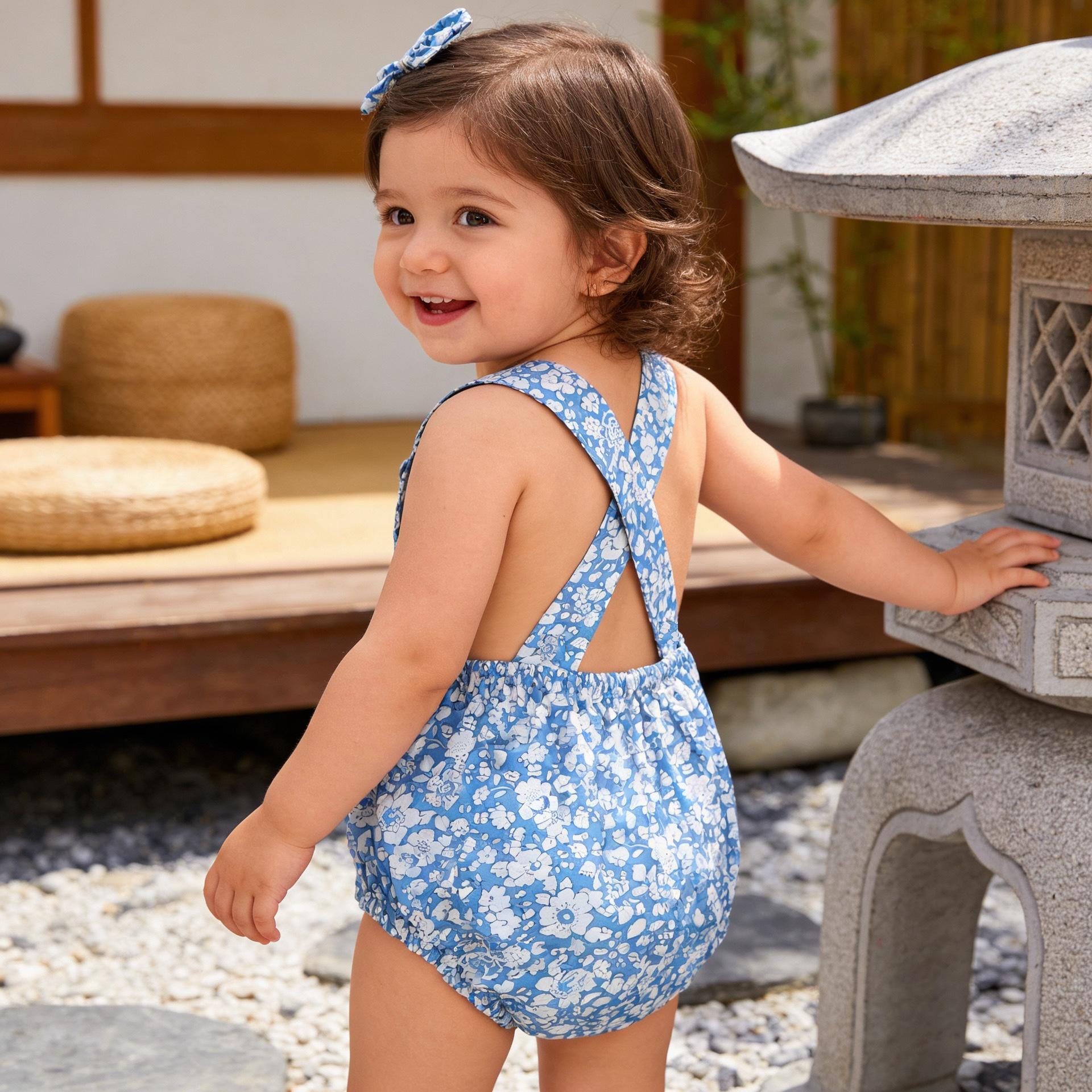 Liberty London Blue Floral Print Bubble Romper, Handmade Ditsy Cotton Tana Lawn Suspender Sunsuit