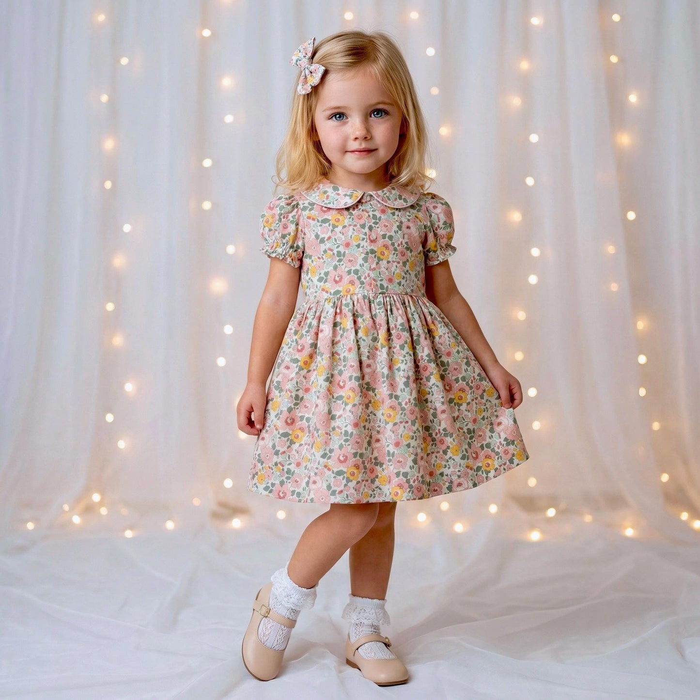 Pierrot Collar Liberty Print Long Sleeve Girl Dress: Ruffle Collar, Pretty Ditsy Flower