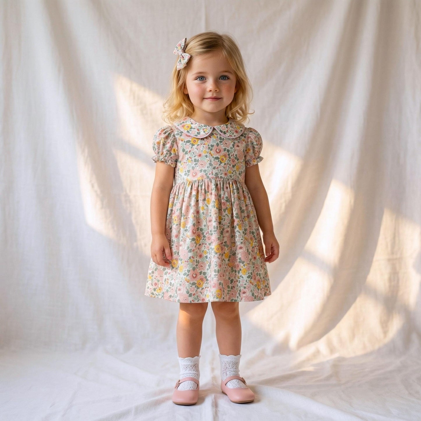 Pierrot Collar Liberty Print Long Sleeve Girl Dress: Ruffle Collar, Pretty Ditsy Flower
