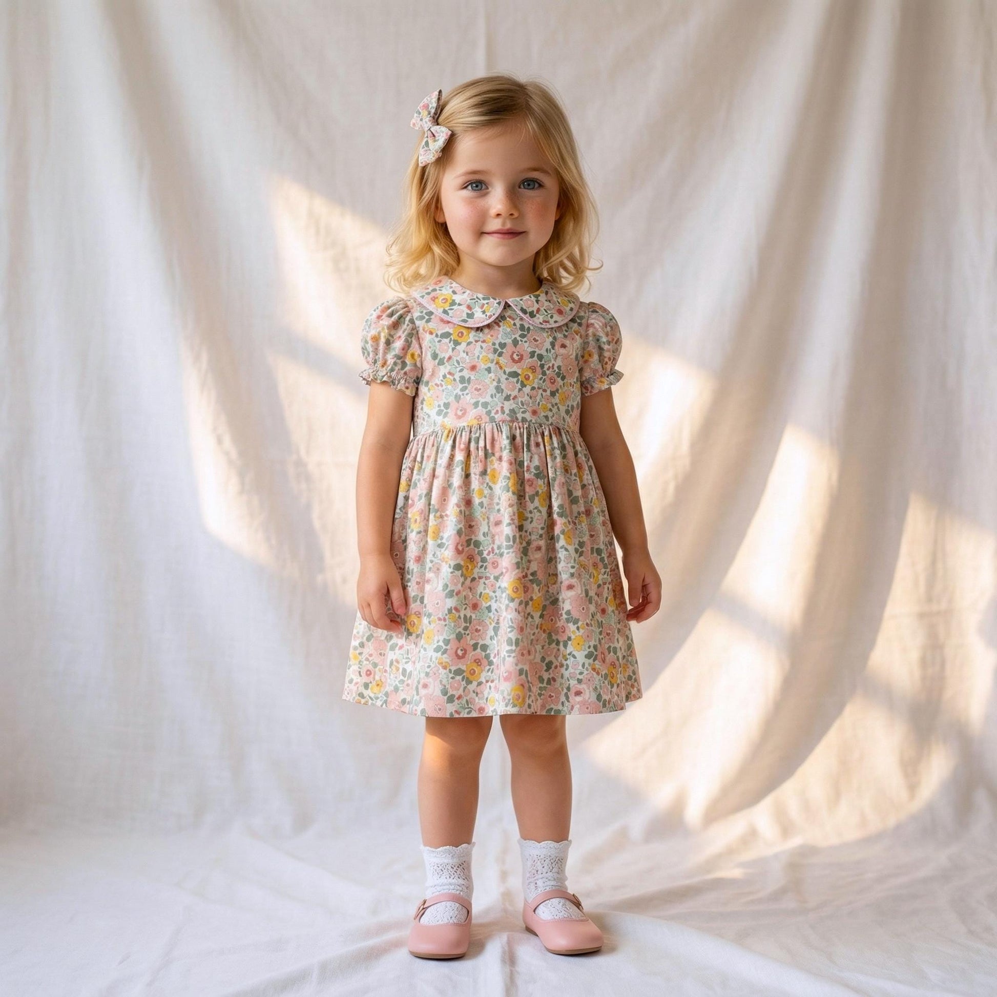 Pierrot Collar Liberty Print Long Sleeve Girl Dress: Ruffle Collar, Pretty Ditsy Flower
