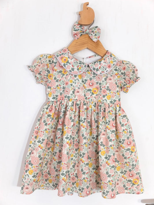 Pierrot Collar Liberty Print Long Sleeve Girl Dress: Ruffle Collar, Pretty Ditsy Flower