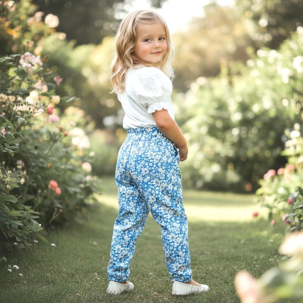 Liberty London Cotton Blue Floral Print Trousers, Ruffle Elastic High Waist Tapper Pants