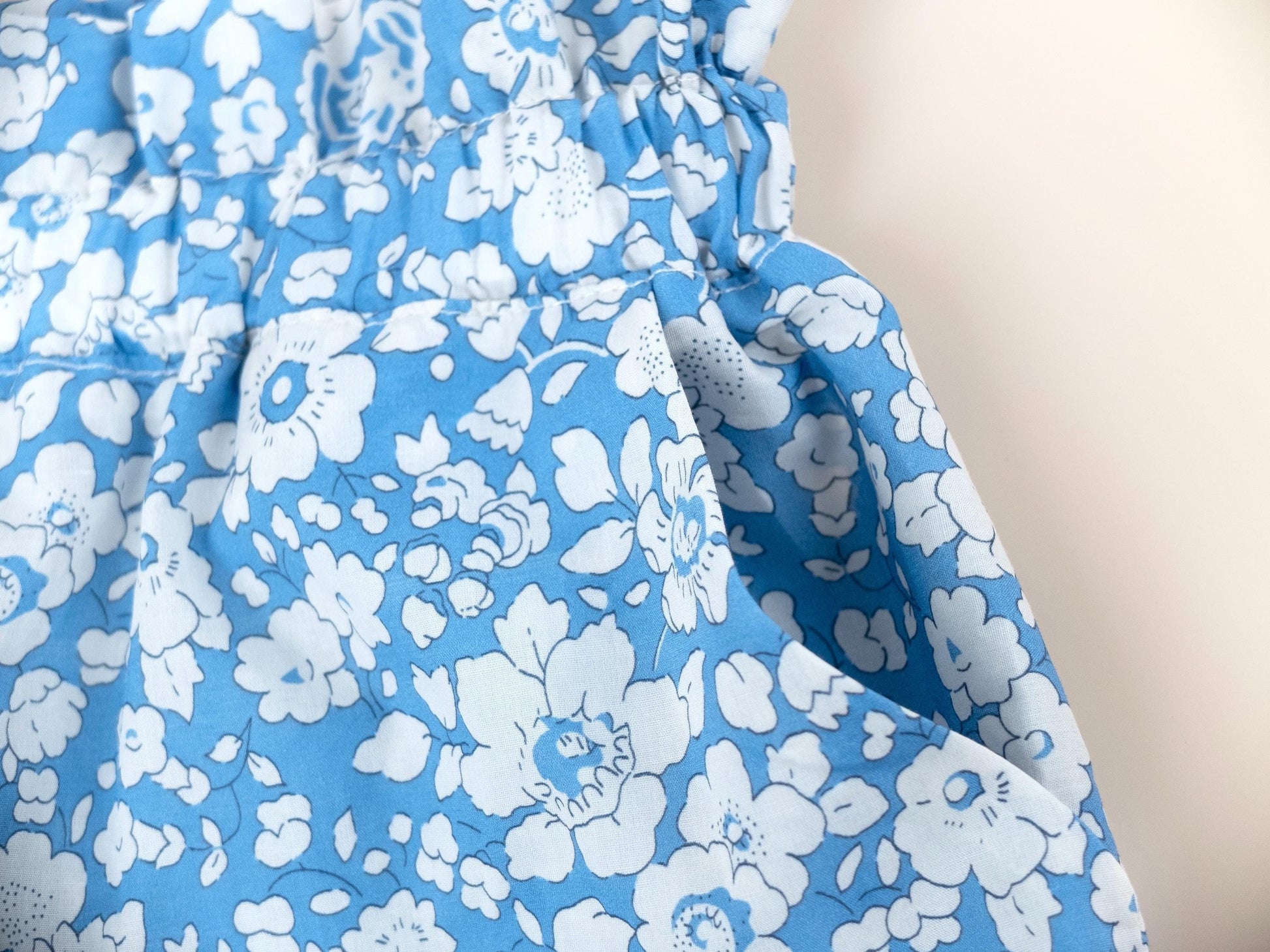 Liberty London Cotton Blue Floral Print Trousers, Ruffle Elastic High Waist Tapper Pants