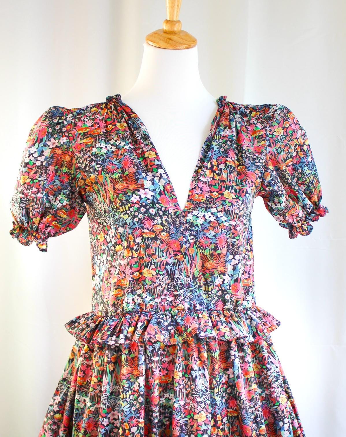 Liberty London V-Neck Short-sleeved Midi-Length Sun Dress, Sustainable Handmade Womenswear, Botanical Floral Slow-Fashion Clothing