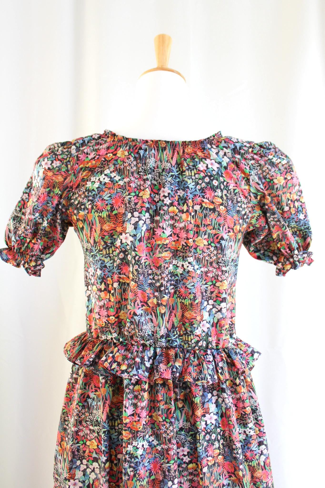 Liberty London V-Neck Short-sleeved Midi-Length Sun Dress, Sustainable Handmade Womenswear, Botanical Floral Slow-Fashion Clothing