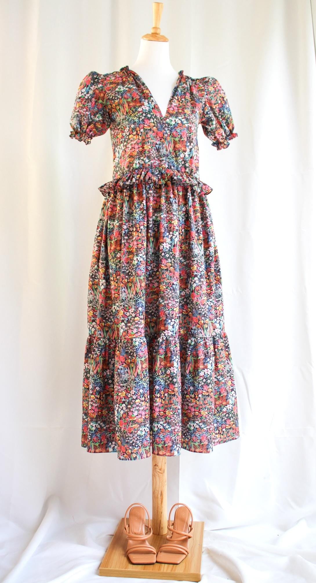 Liberty London V-Neck Short-sleeved Midi-Length Sun Dress, Sustainable Handmade Womenswear, Botanical Floral Slow-Fashion Clothing