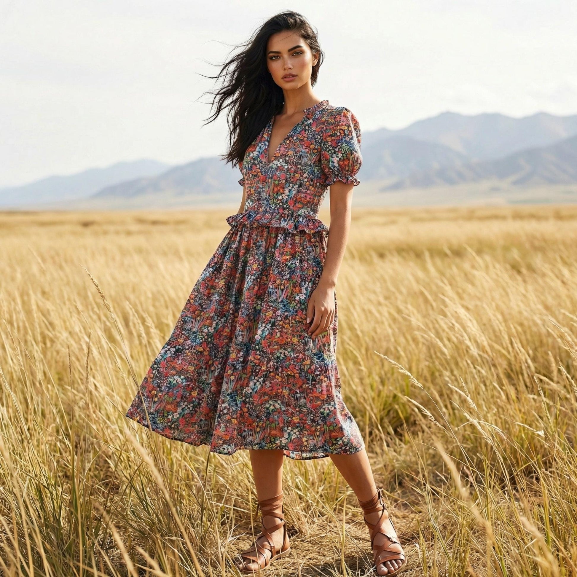 Liberty London V-Neck Short-sleeved Midi-Length Sun Dress, Sustainable Handmade Womenswear, Botanical Floral Slow-Fashion Clothing