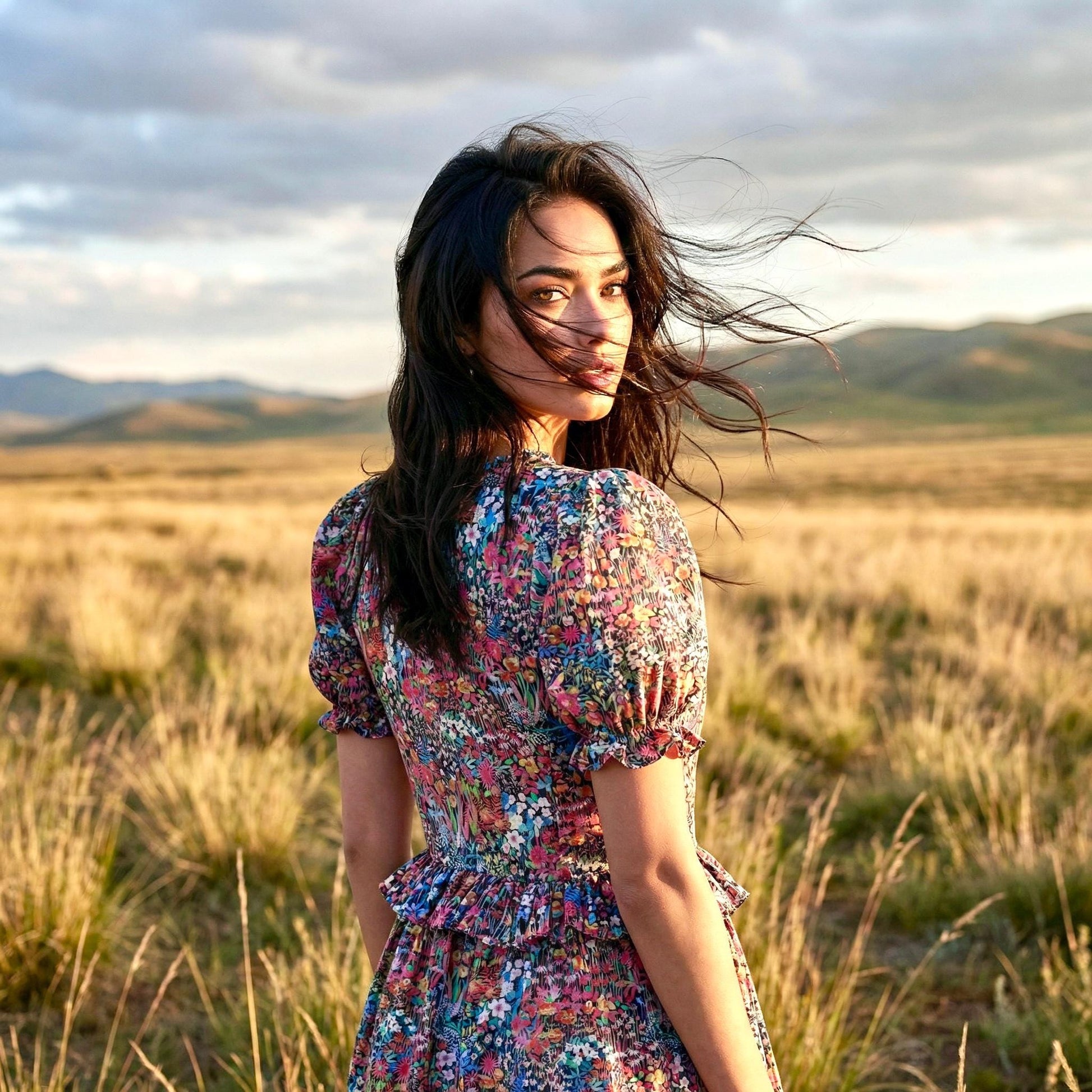 Liberty London V-Neck Short-sleeved Midi-Length Sun Dress, Sustainable Handmade Womenswear, Botanical Floral Slow-Fashion Clothing