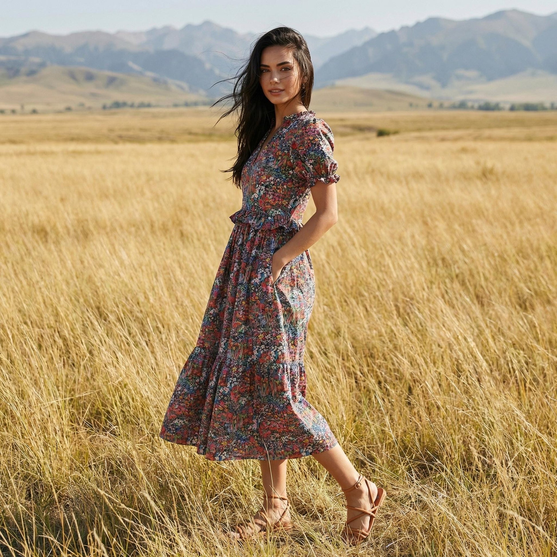 Liberty London V-Neck Short-sleeved Midi-Length Sun Dress, Sustainable Handmade Womenswear, Botanical Floral Slow-Fashion Clothing