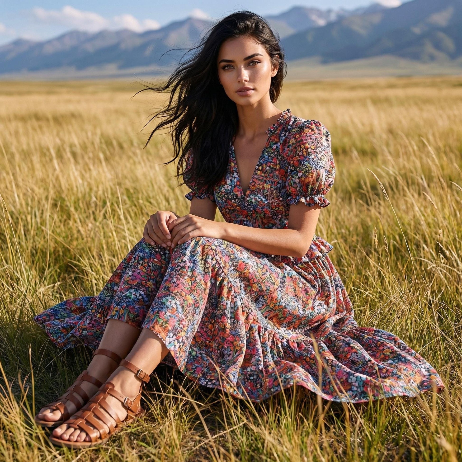 Liberty London V-Neck Short-sleeved Midi-Length Sun Dress, Sustainable Handmade Womenswear, Botanical Floral Slow-Fashion Clothing