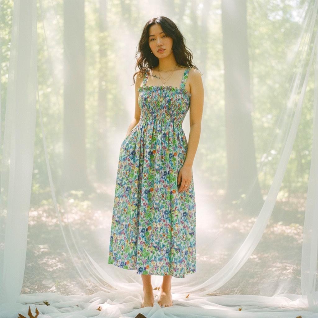 Liberty London Smock Shirred Midi Sun Dress, Handmade Floral Print Cotton Tana Lawn Clothing