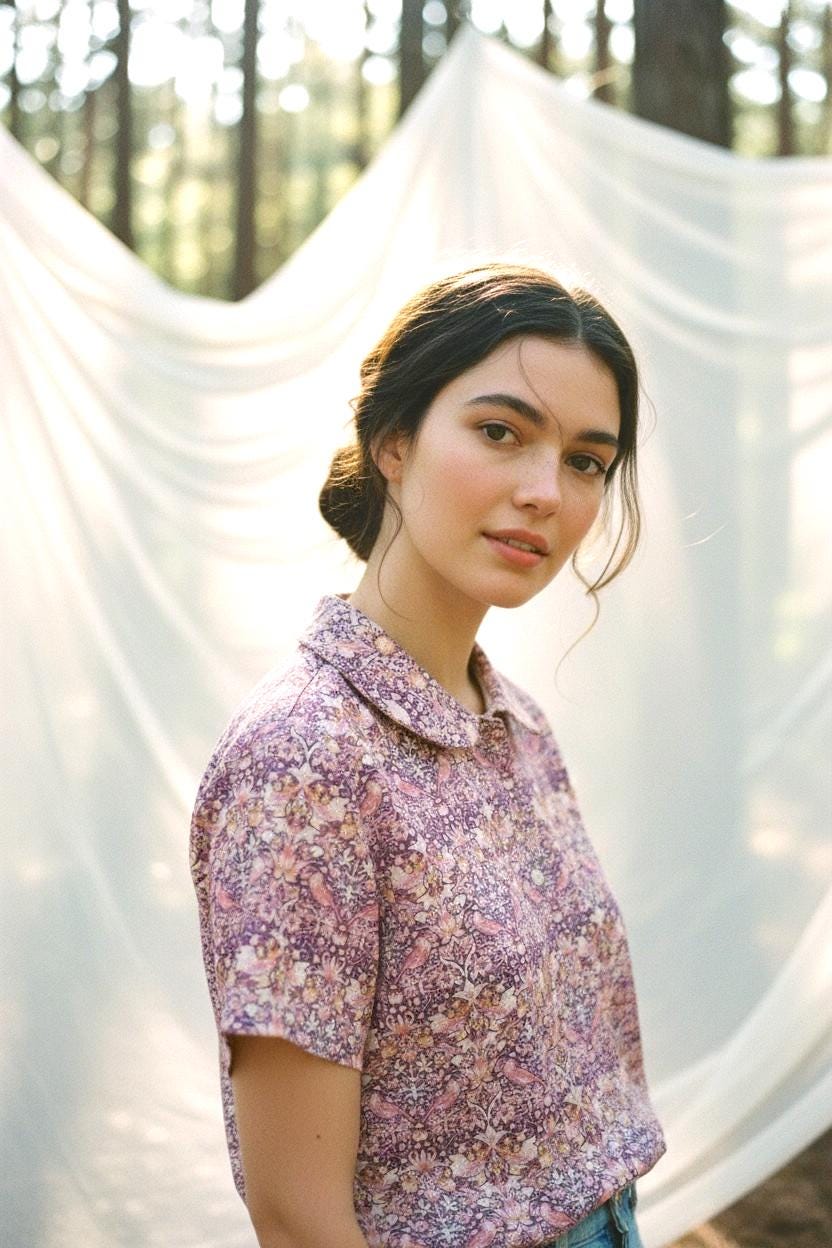 Liberty London Peter Pan Collar Short Sleeves Blouse, Handmade Purple Strawberry Thief Print Top