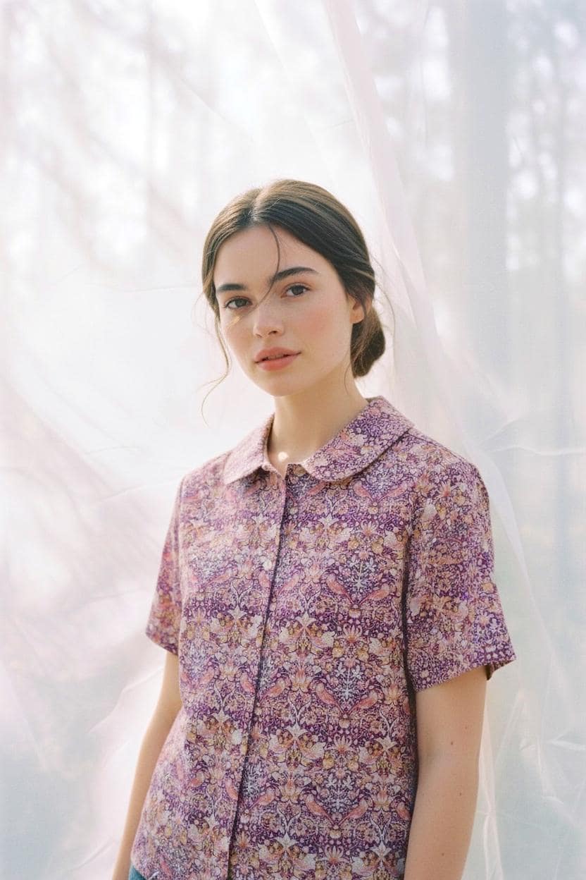 Liberty London Peter Pan Collar Short Sleeves Blouse, Handmade Purple Strawberry Thief Print Top