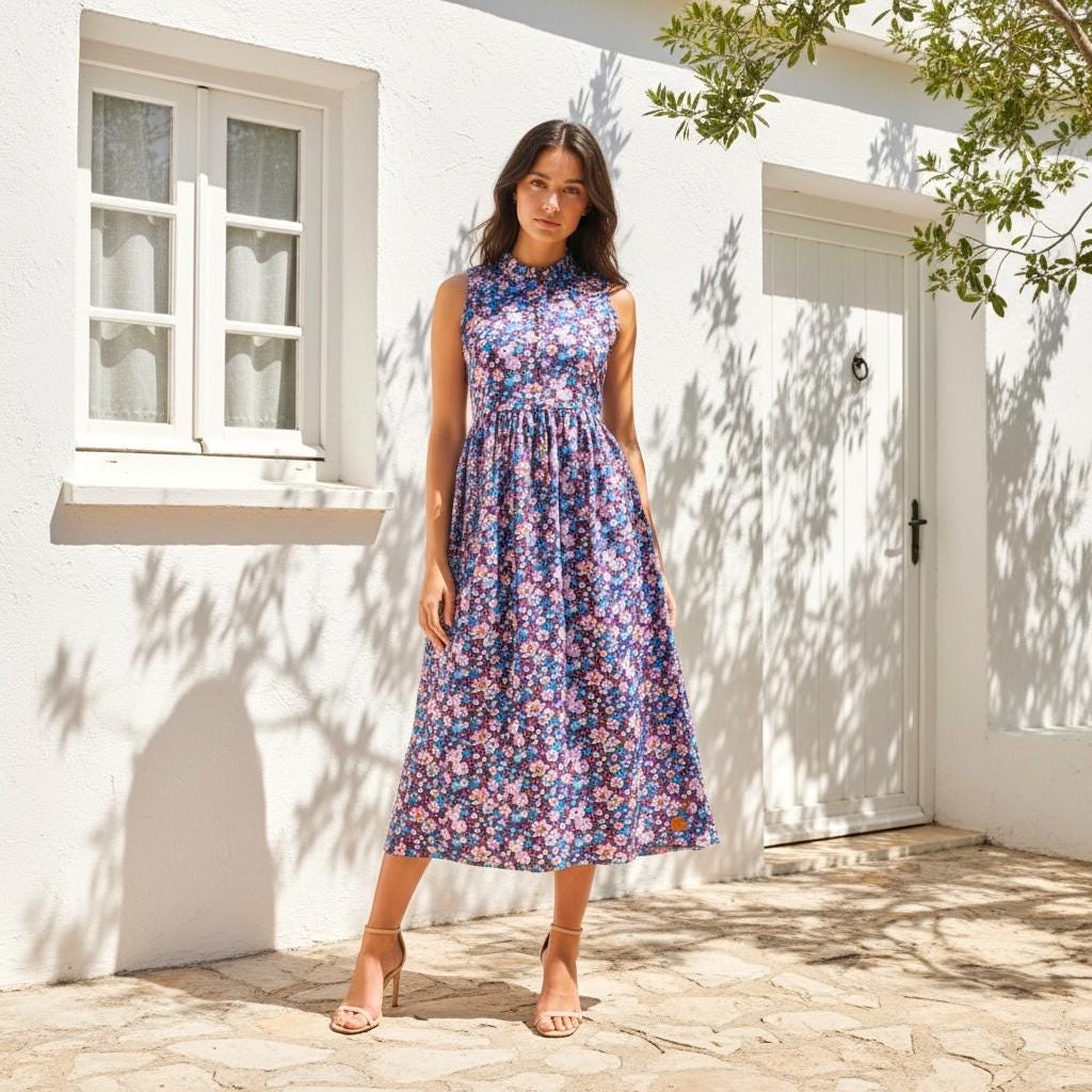 Liberty London Sleeveless Ruffle Collar Midi Sun Dress, Purple Pink Cotton Lawn Handmade Clothing