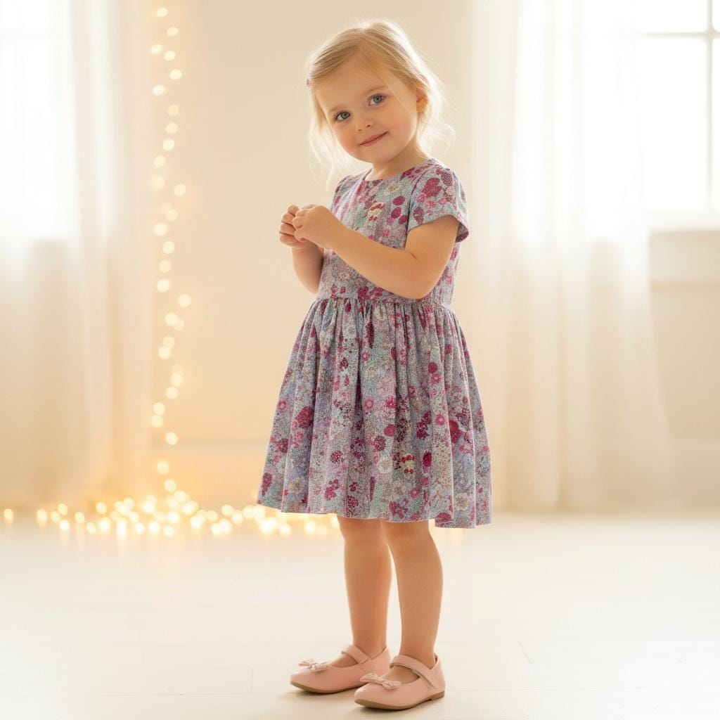 Liberty London Pink Grey Short Sleeve Sun Dress, Handmade Ditsy Cotton Floral Print Clothing