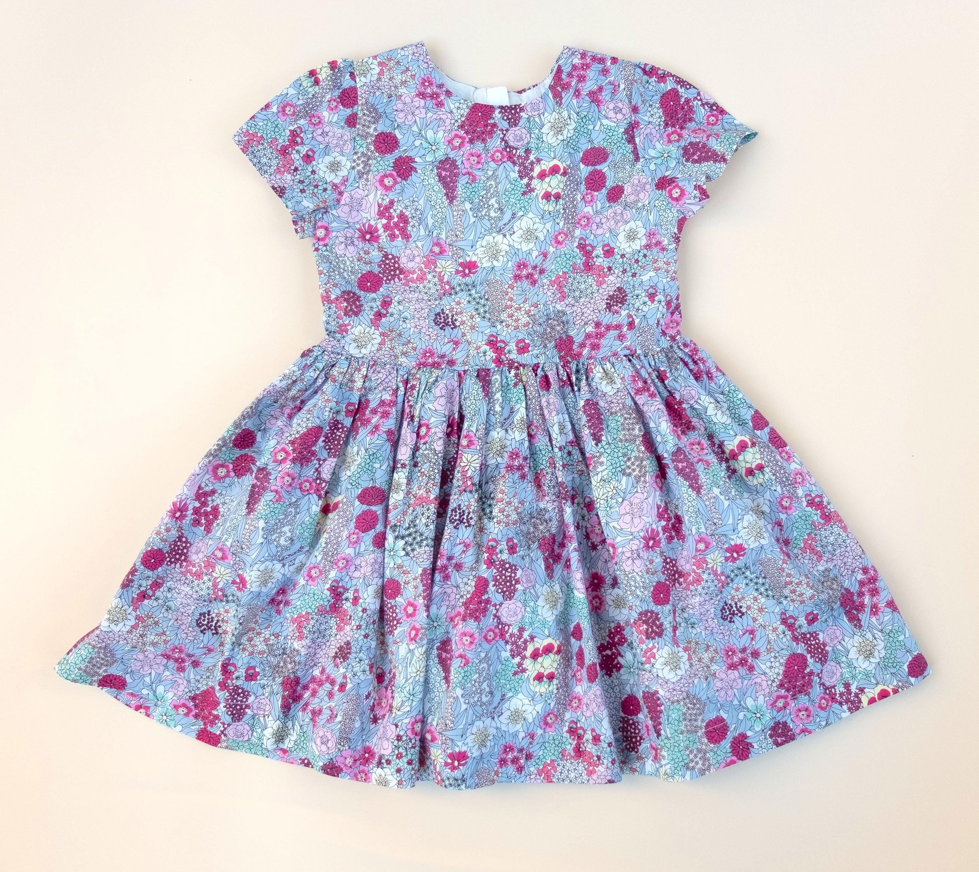 Liberty London Pink Grey Short Sleeve Sun Dress, Handmade Ditsy Cotton Floral Print Clothing