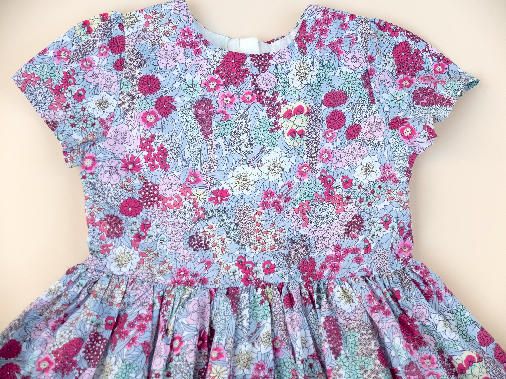 Liberty London Pink Grey Short Sleeve Sun Dress, Handmade Ditsy Cotton Floral Print Clothing