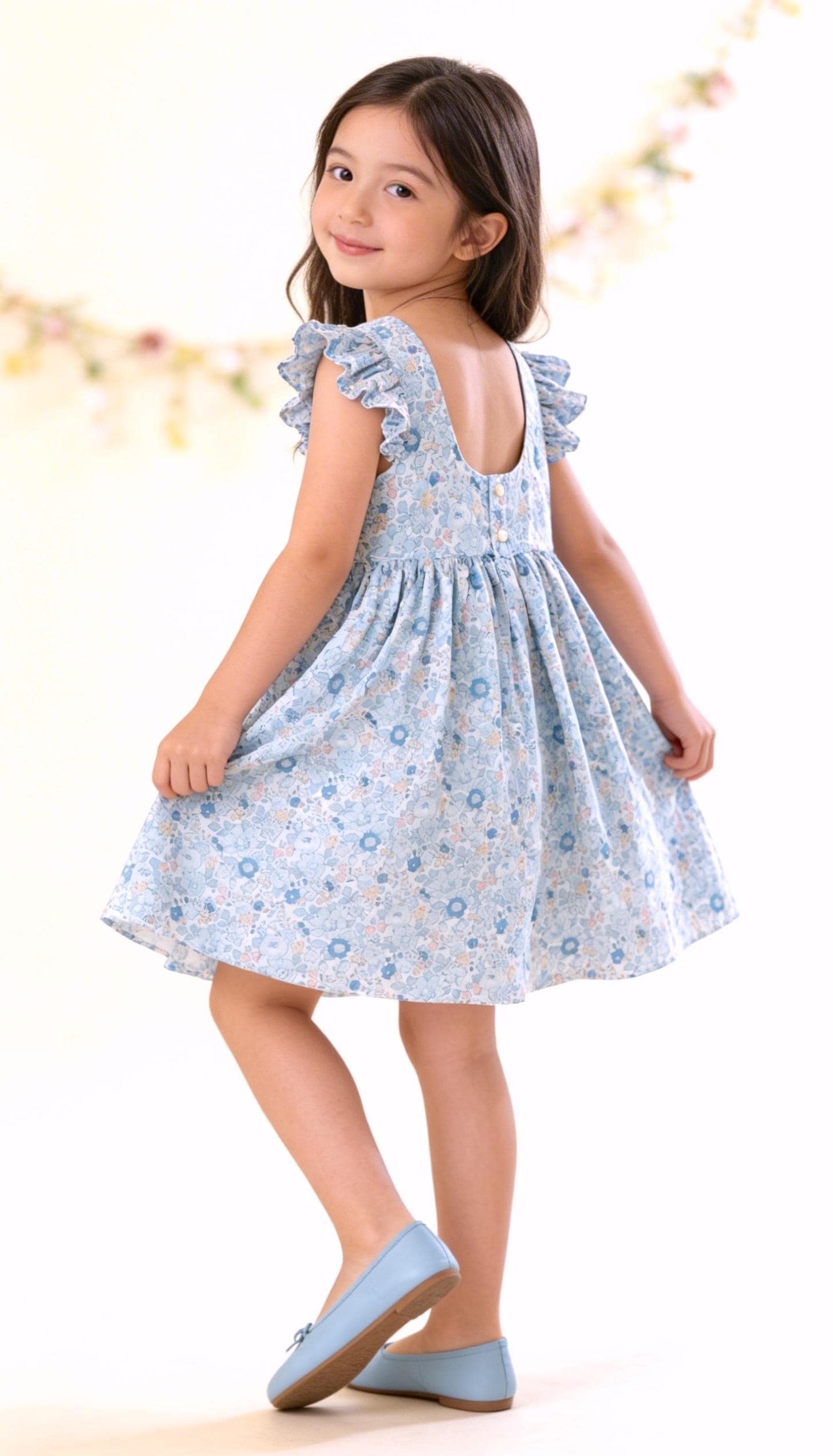 Liberty London Pastel Blue Pink Floral Print Sun Dress, Sleeveless Ruffle Flutter Handmade Dress
