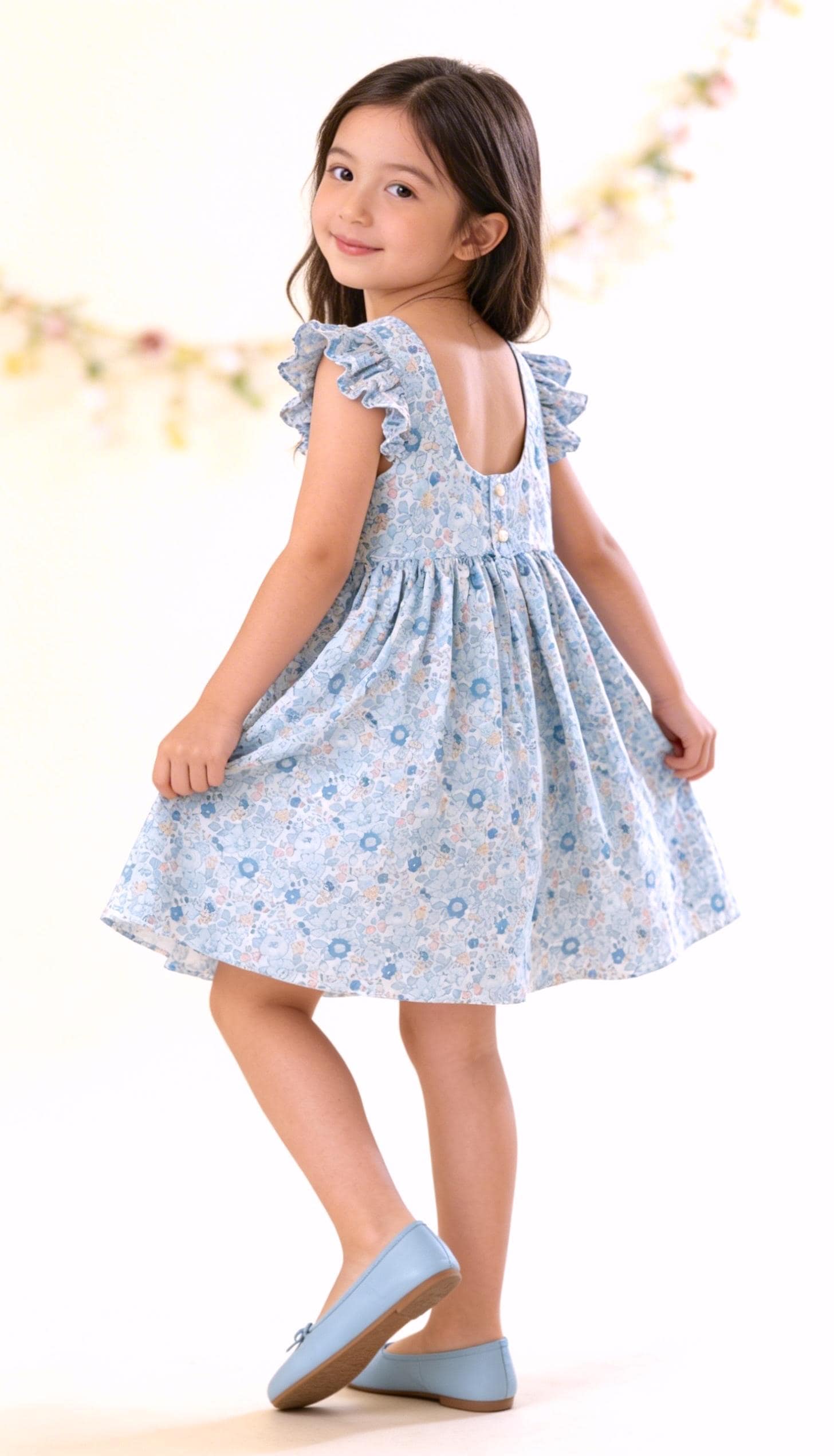 Liberty London Pastel Blue Pink Floral Print Sun Dress, Sleeveless Ruffle Flutter Handmade Dress