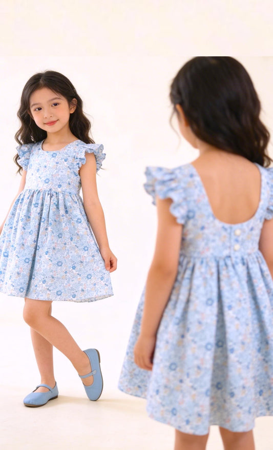 Liberty London Pastel Blue Pink Floral Print Sun Dress, Sleeveless Ruffle Flutter Handmade Dress