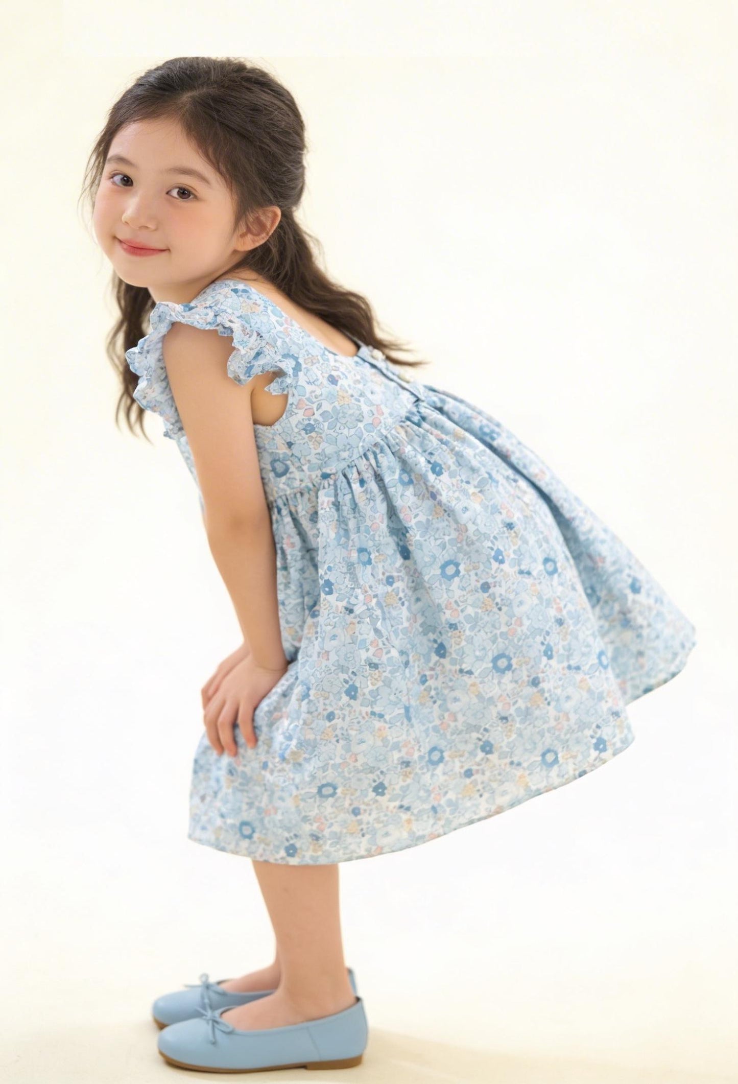 Liberty London Pastel Blue Pink Floral Print Sun Dress, Sleeveless Ruffle Flutter Handmade Dress