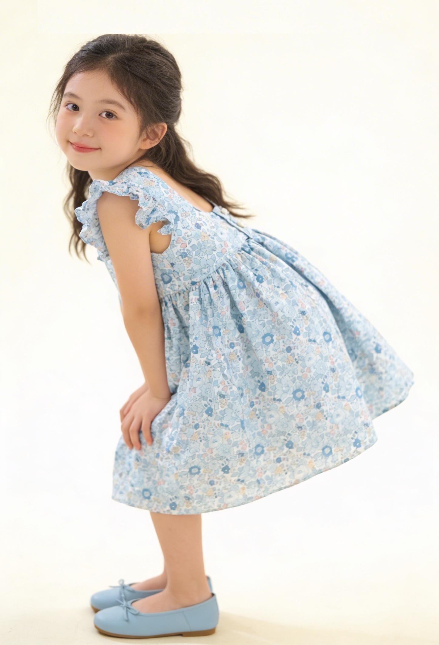 Liberty London Pastel Blue Pink Floral Print Sun Dress, Sleeveless Ruffle Flutter Handmade Dress