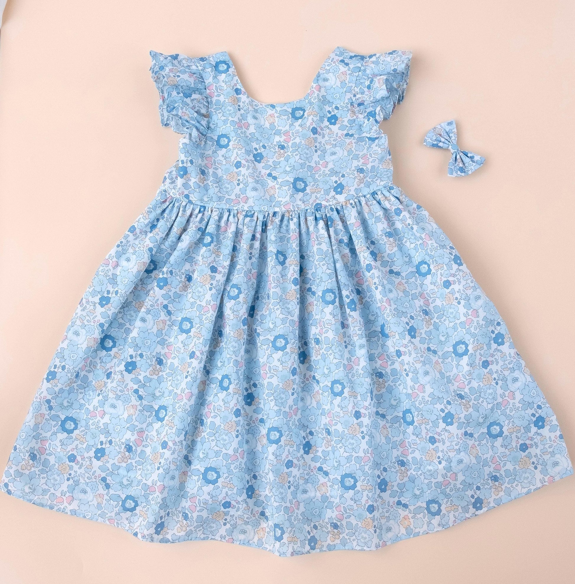 Liberty London Pastel Blue Pink Floral Print Sun Dress, Sleeveless Ruffle Flutter Handmade Dress