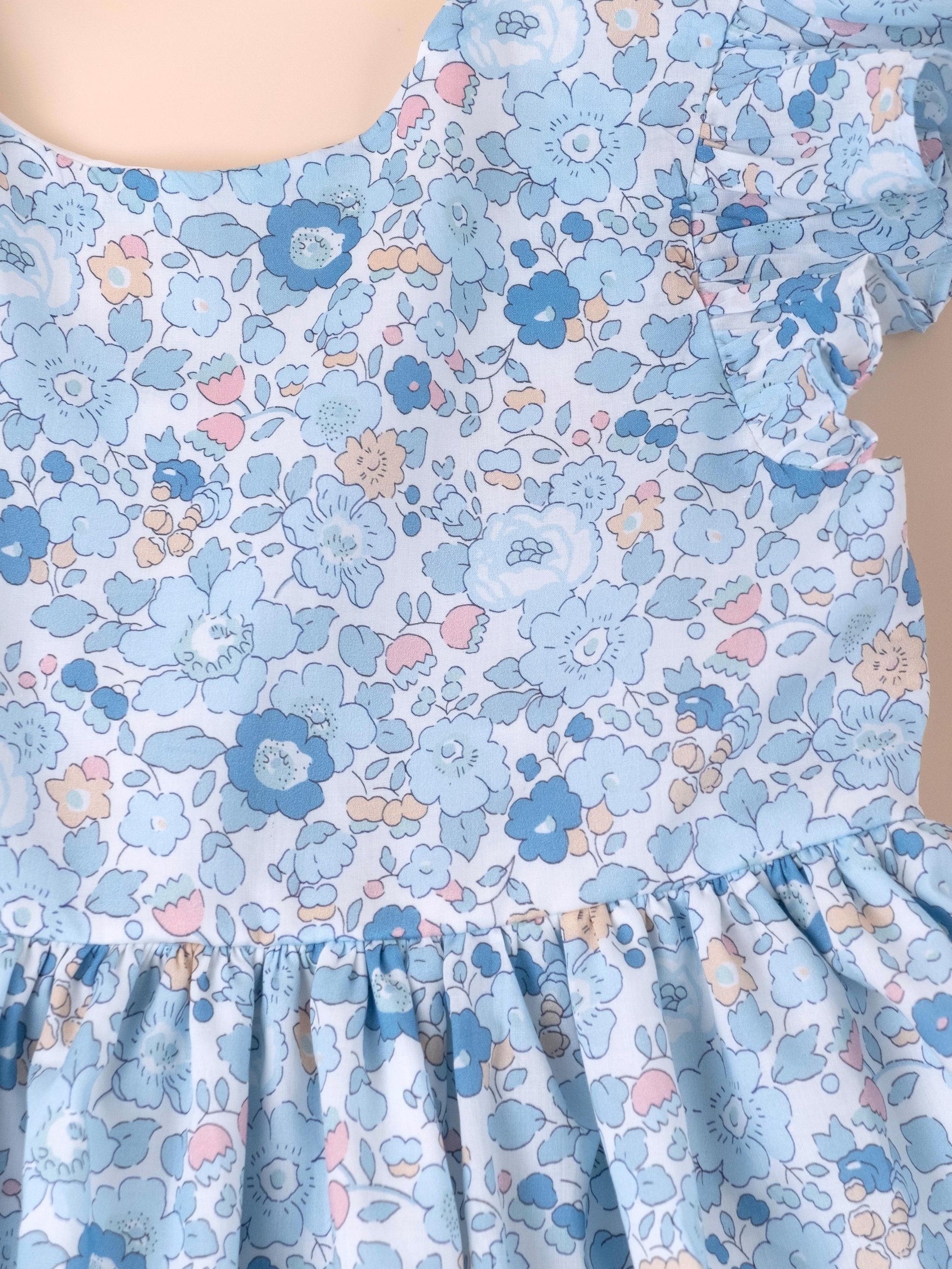 Liberty London Pastel Blue Pink Floral Print Sun Dress, Sleeveless Ruffle Flutter Handmade Dress