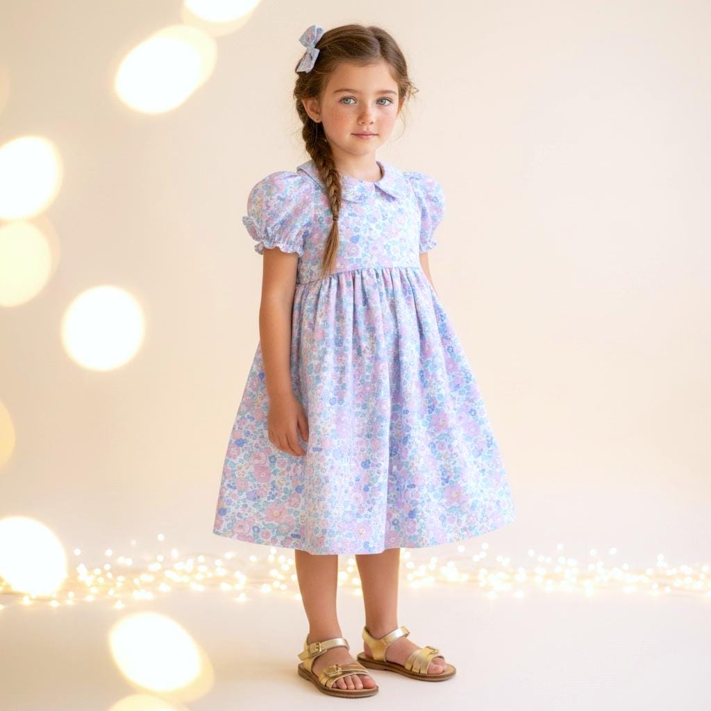 Liberty London Pastel Pink Blue Floral Print Dress, Peter Pan Collar Short Sleeves Dress