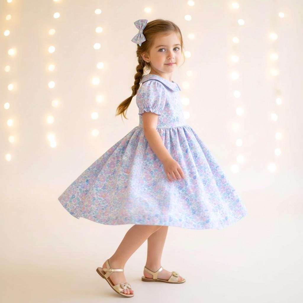 Liberty London Pastel Pink Blue Floral Print Dress, Peter Pan Collar Short Sleeves Dress