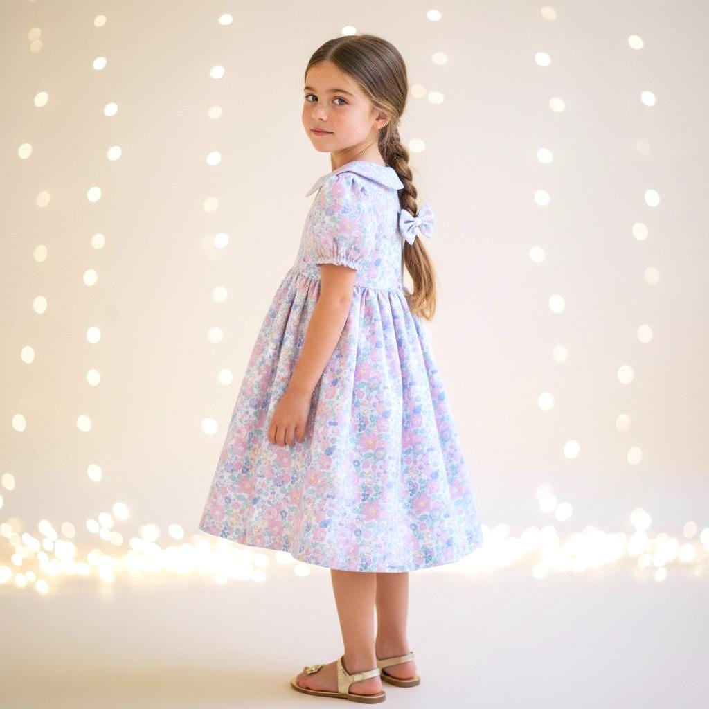 Liberty London Pastel Pink Blue Floral Print Dress, Peter Pan Collar Short Sleeves Dress