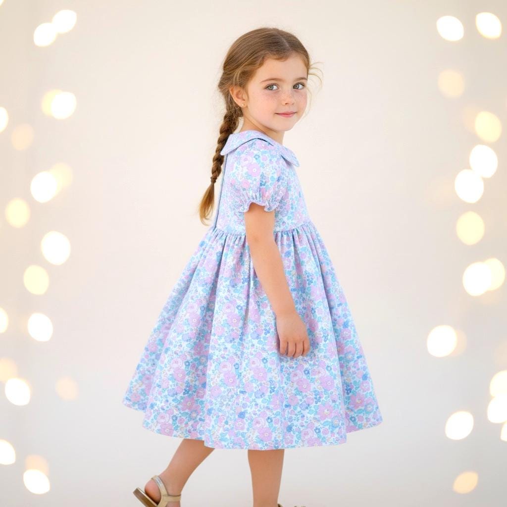 Liberty London Pastel Pink Blue Floral Print Dress, Peter Pan Collar Short Sleeves Dress