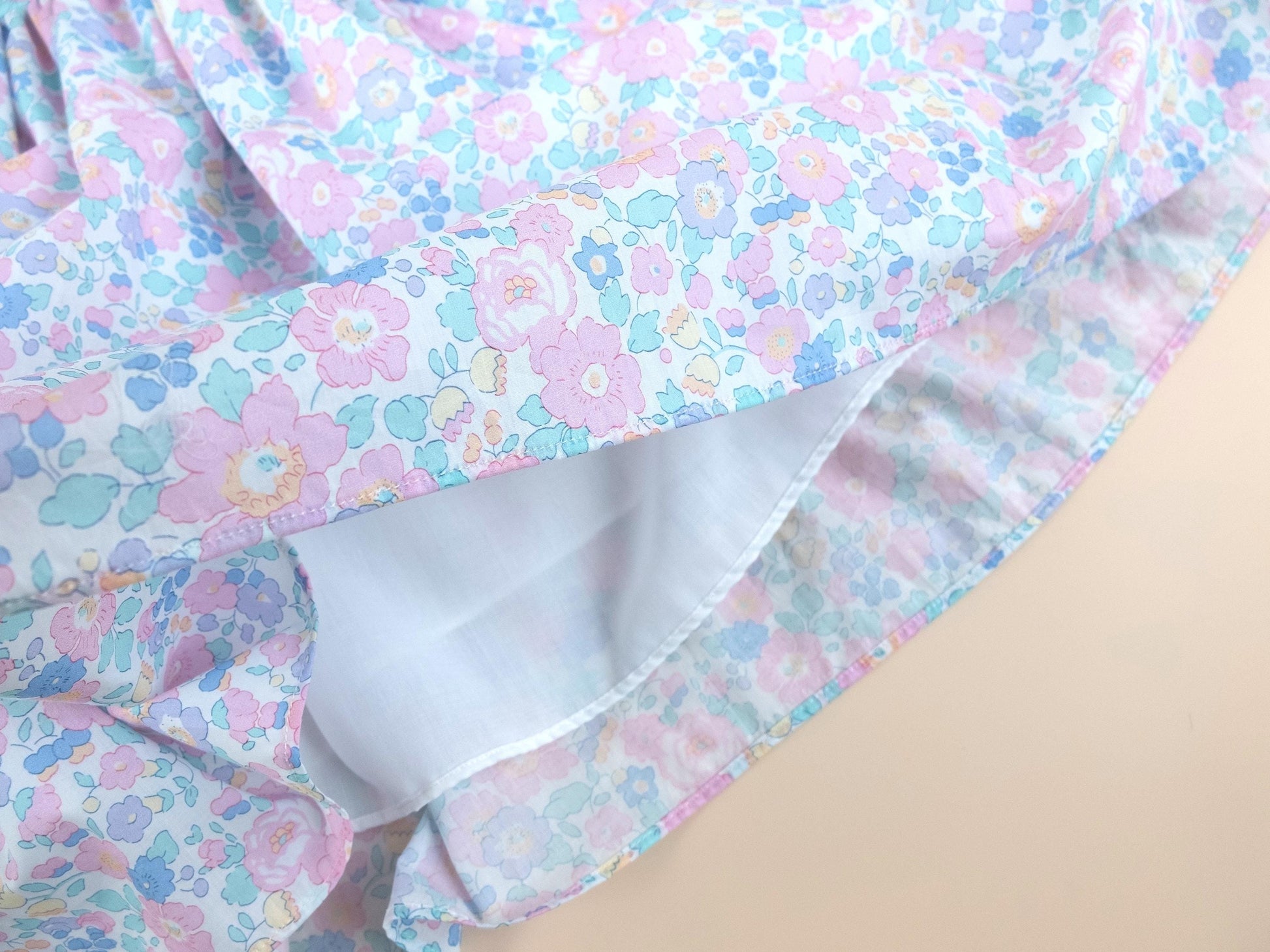 Liberty London Pastel Pink Blue Floral Print Dress, Peter Pan Collar Short Sleeves Dress