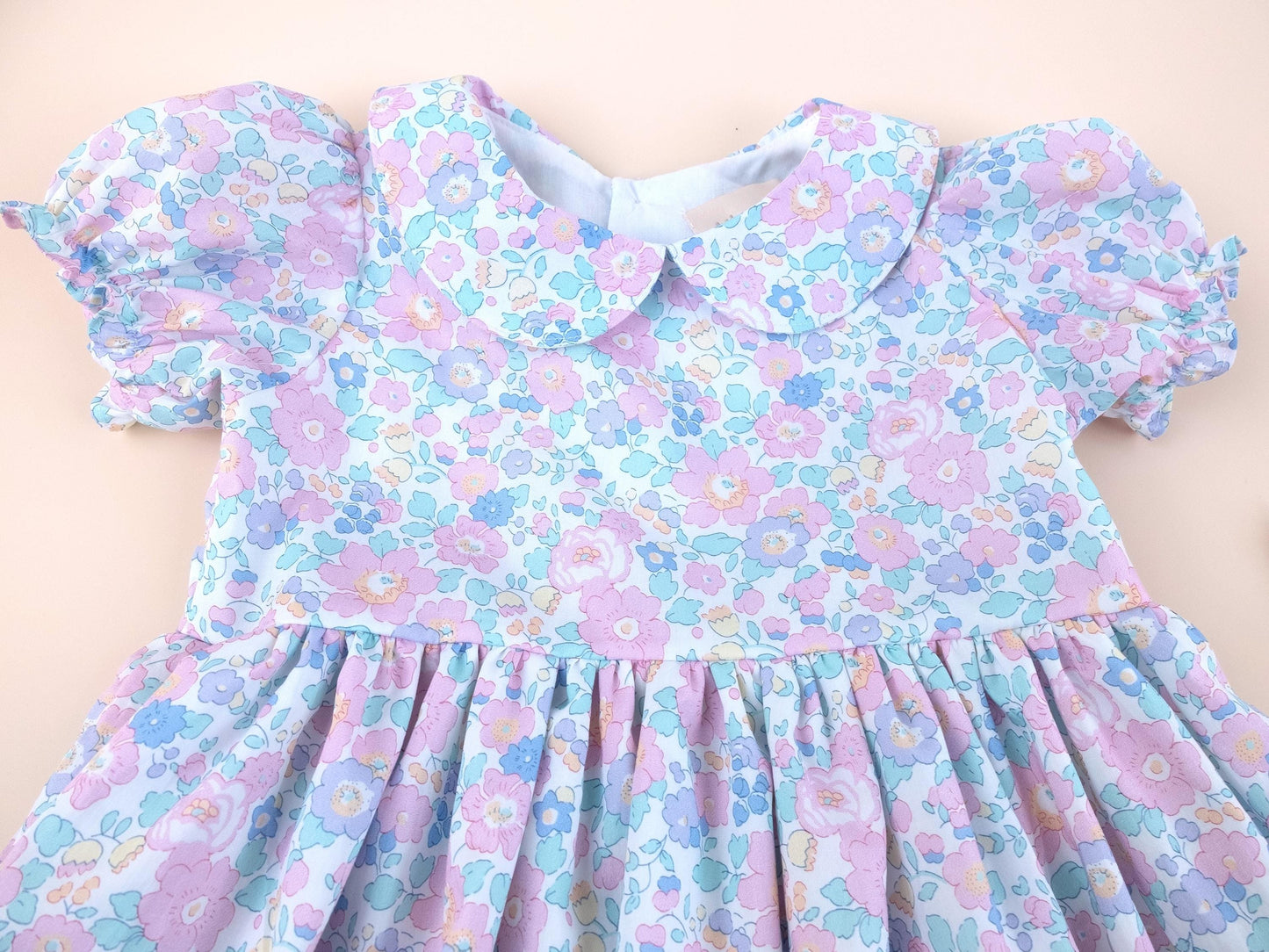 Liberty London Pastel Pink Blue Floral Print Dress, Peter Pan Collar Short Sleeves Dress