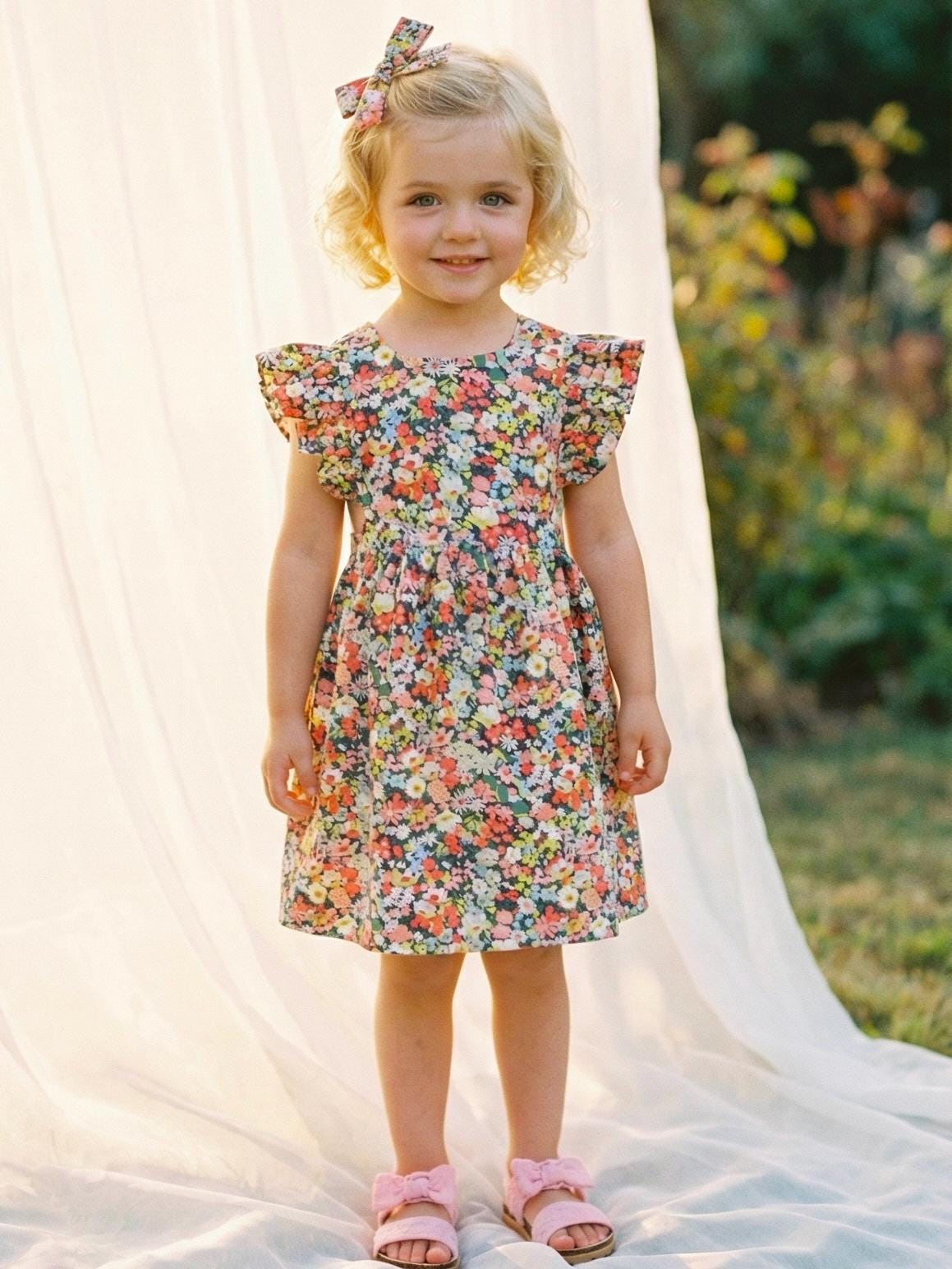 Pinafore Liberty London Sun Dress, Handmade Children-wear, Multicolour Botanical Floral-Print Dress, Sustainable Eco-friendly Clothing