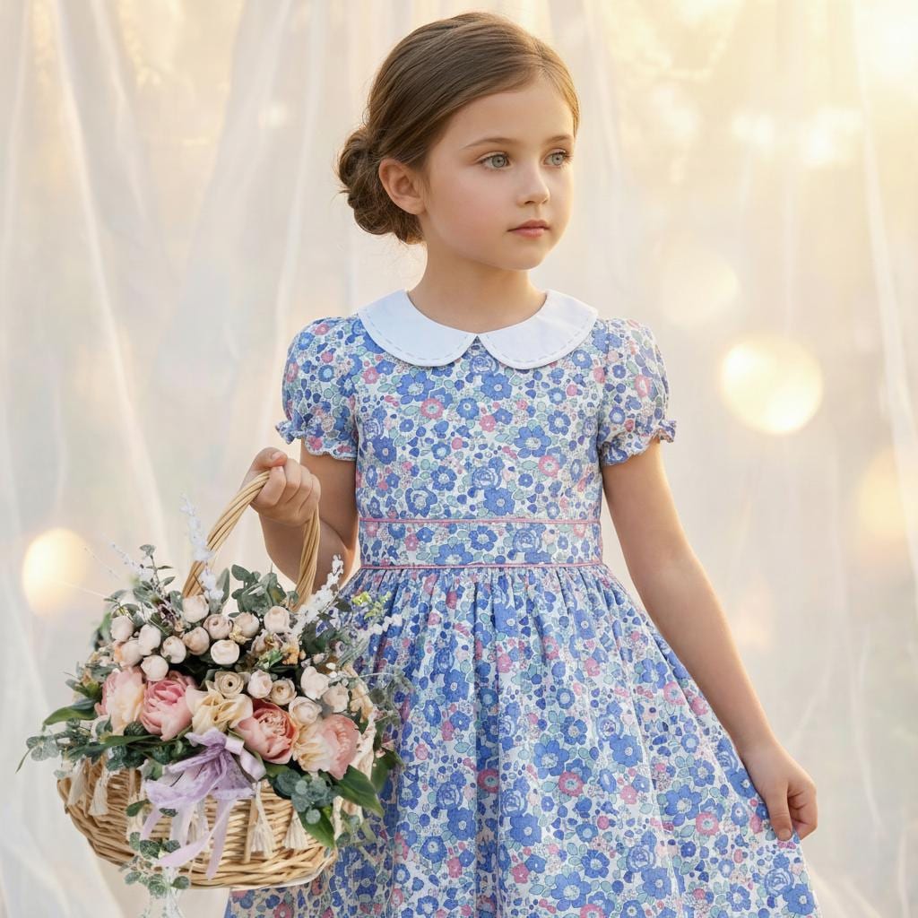 Long Sleeve Liberty London Girl's Dress: Ruffle Victorian Collar, Ditsy Floral Cotton