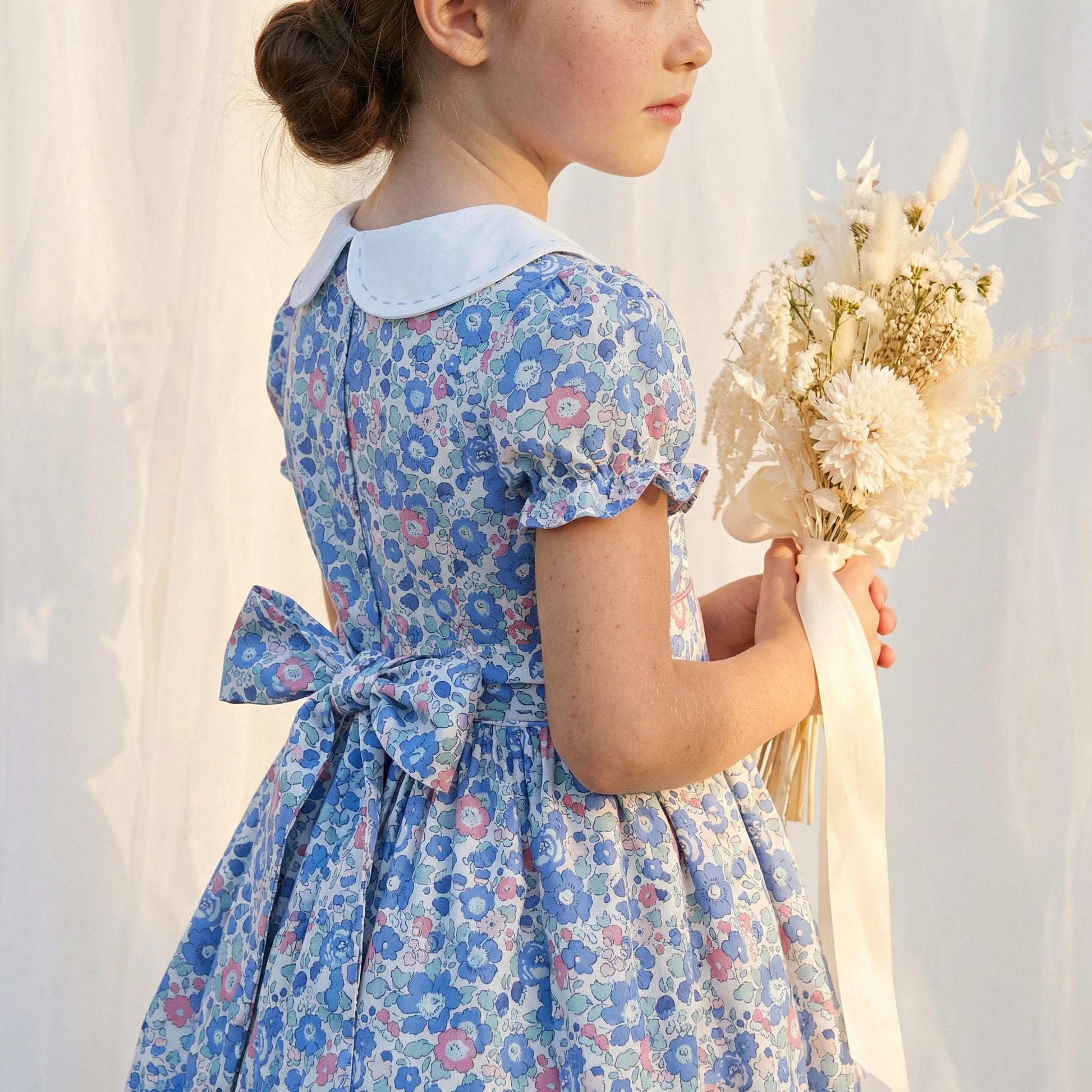 Long Sleeve Liberty London Girl's Dress: Ruffle Victorian Collar, Ditsy Floral Cotton