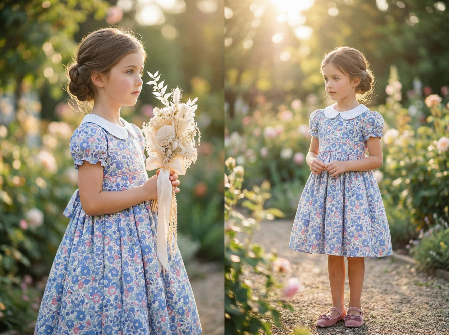 Long Sleeve Liberty London Girl's Dress: Ruffle Victorian Collar, Ditsy Floral Cotton
