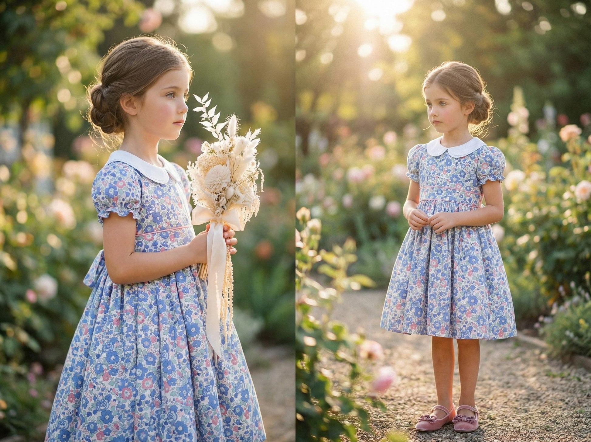 Long Sleeve Liberty London Girl's Dress: Ruffle Victorian Collar, Ditsy Floral Cotton