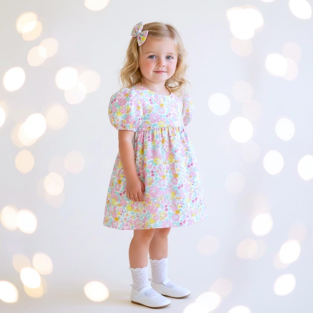 Liberty London Blue Yellow Pink Floral Print Sun Dress, Short Puffed Sleeves Handmade Dress