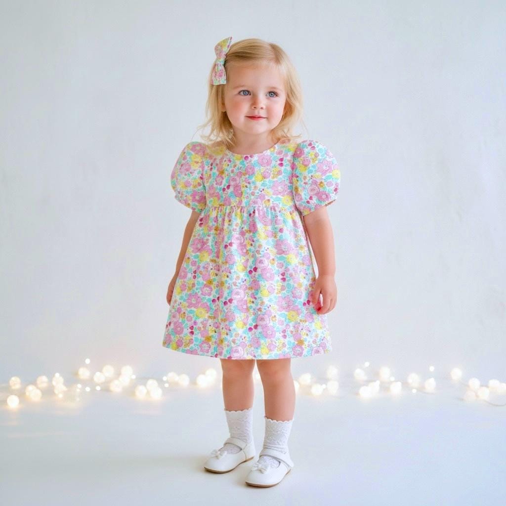 Liberty London Blue Yellow Pink Floral Print Sun Dress, Short Puffed Sleeves Handmade Dress