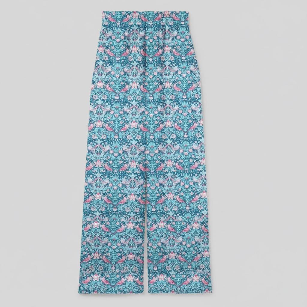 Liberty London Wide Leg Palazzo Pants, Floral Print Blue Pink Strawberry Thief Loungewear Trousers