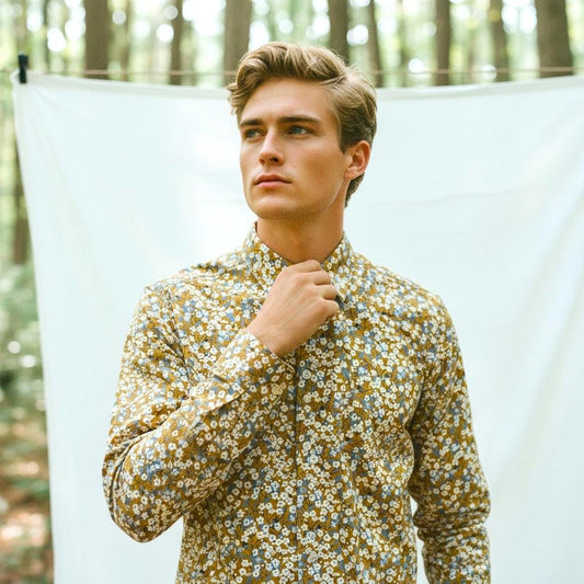 Liberty London Button Up Long Sleeves Dress Shirt, Mustard Gray Handmade Floral Print Chemise