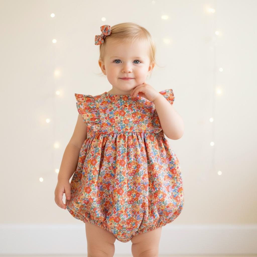 Liberty London Handmade Bubble Romper,Ditsy Floral Print Rainbow Sleeveless Onesie,Personalised Cotton Tana Lawn Clothing,New Born Baby Gift