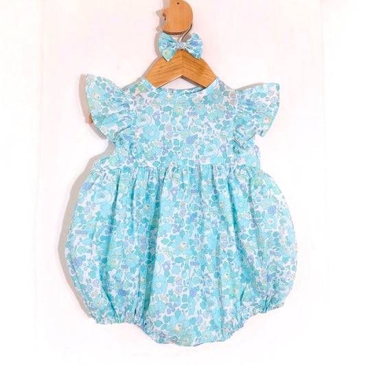Liberty London Floral-Print Handmade Sleeveless Bubble Romper, Ditsy Botanical Handmade Clothing, Sustainable Slow-fashioned Children-wear