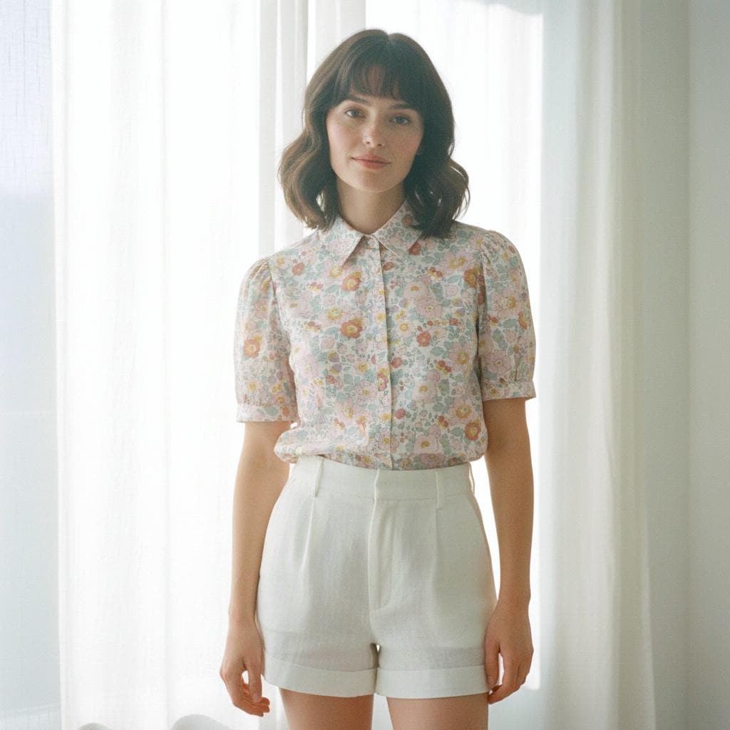 Liberty London Floral Cotton Puff Sleeve Blouse, Pastel Ditsy Print Shirt