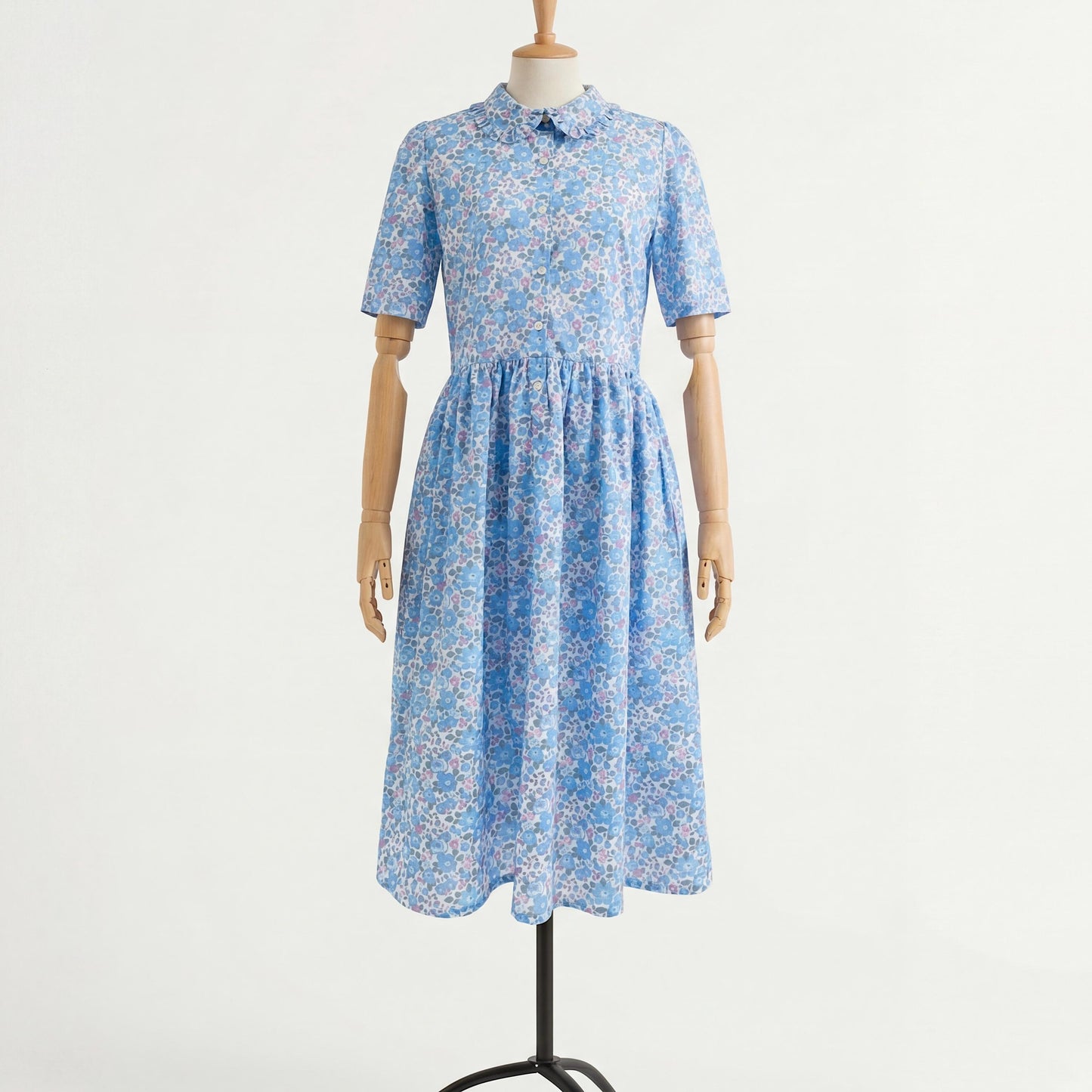 Liberty London Midi Frilled Peter Pan Collar Dress, Puffed Half Sleeves Tana Lawn Gown