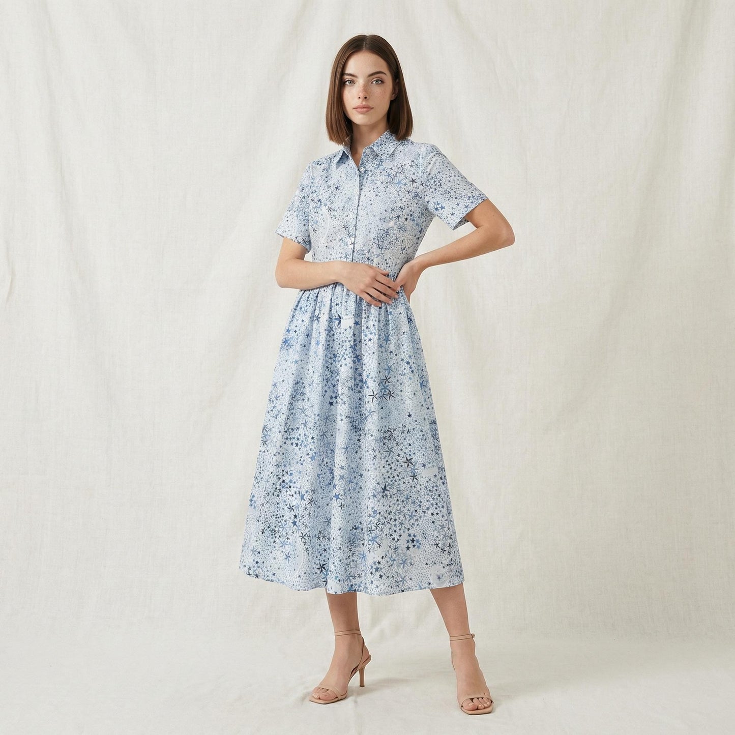 Liberty London Short-Sleeved Shirtdress, Handmade Botanical Floral-Print Womenswear, Midi Tailoring Dress, Sustainable Ethical Clothing
