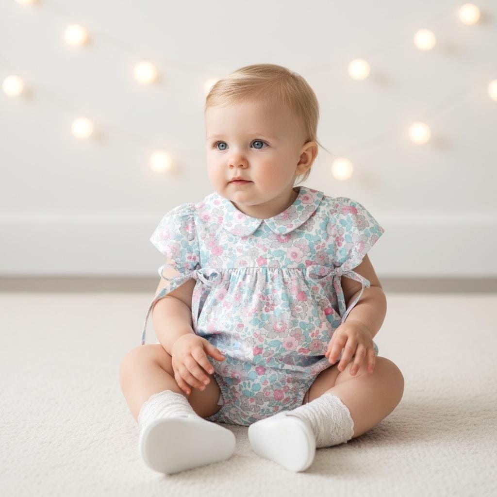 Liberty London Floral Print Pastel Pink Blue Bubble Romper,Peter Pan Collar Short Sleeve Sunsuit,Heirloom Handmade Ditsy Tana Lawn Clothing